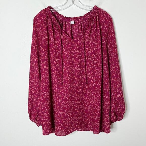Old Navy Womens Georgette Blouse 2X Plus Red Floral Ruffled Tie Neck Long Sleeve - Picture 8 of 11